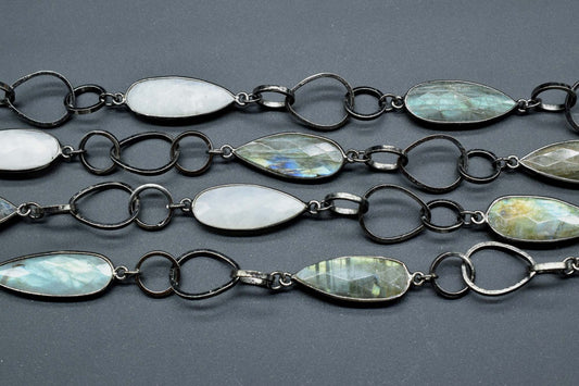 Blue Flashy Labradorite & Moonstone 10x30mm long briolette connector link Chain Natural Labradorite Bezel Chain,Labradorite Chain,Labradorit