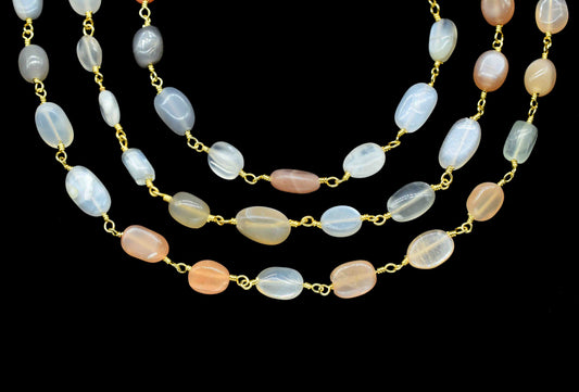 Multi Moonstone Smooth Beads Connecting Chain,Multi Moonstone Brass Wire Wrap beads Chain Jewelry,Moonstone Gold Plating Smooth Beads Chain