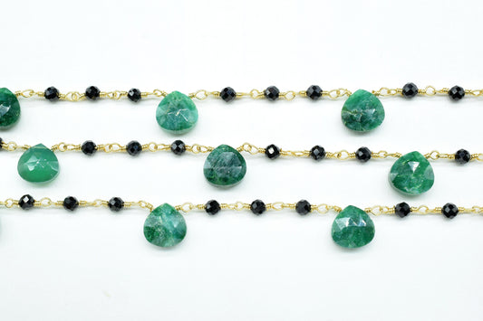 Natural emerald With black onyx Beads Rosary Chain, New Style Cluster Beads Chain, Briolette Drilled Teardrop Shape Chain Supplies.gemstone