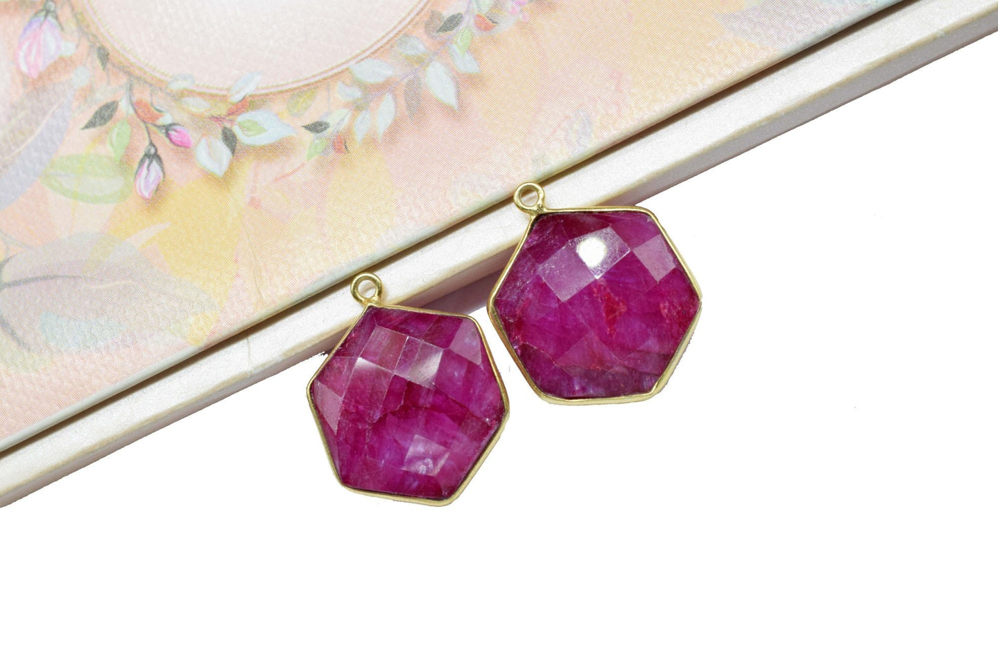 Ruby 16mm Hexagon Shape Pendant,Faceted Hexagon Shape Gemstone Bezel,Hexagon Charm Pendants,Gold Plated Single Bail Gemstone Connector