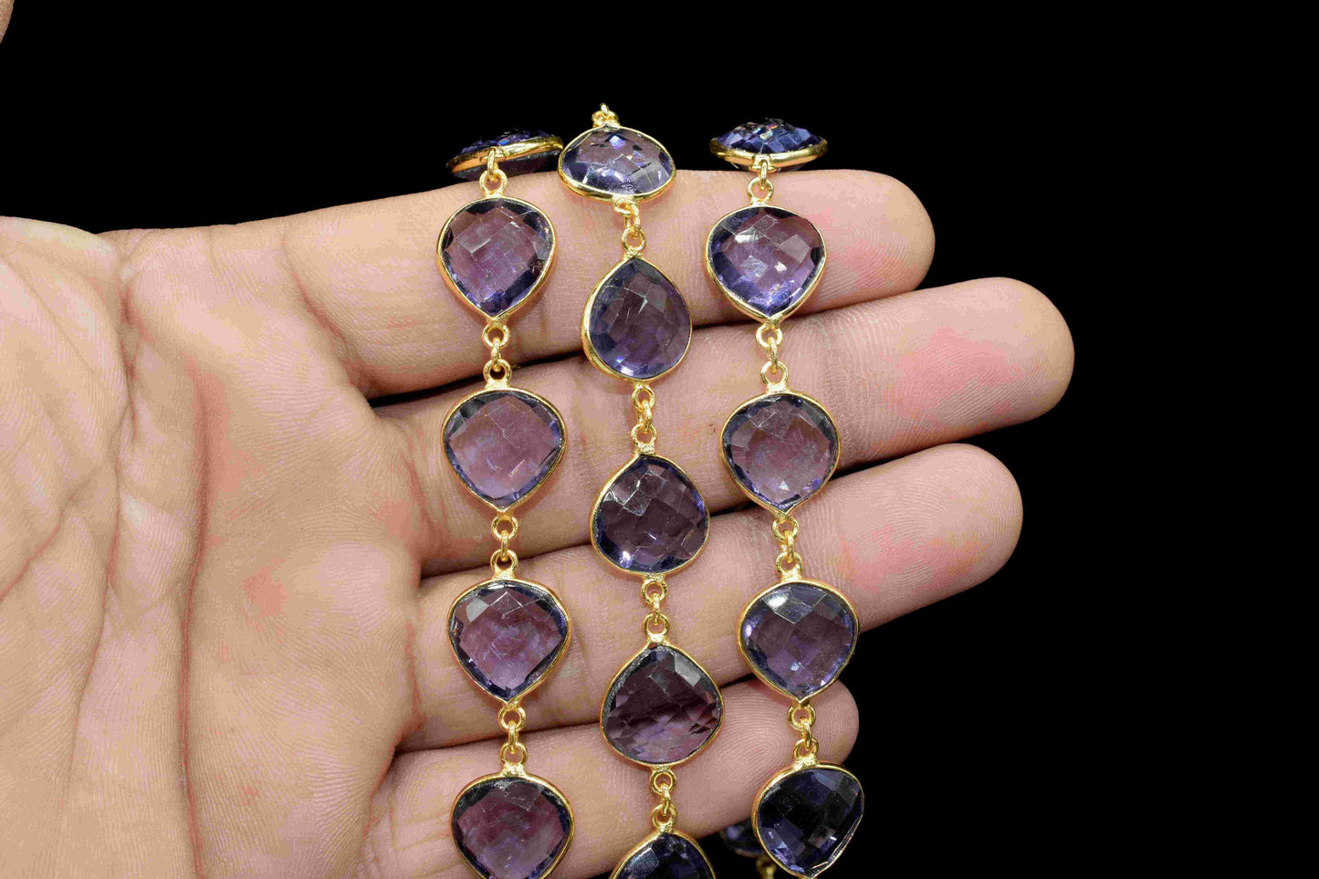 Amethyst 12mm Heart Shape Bezel Chain,Amethyst Connector Chain,Amethyst Faceted Bezels,Loop Connector Chain,Amethyst Bezel Chain For Jewelry