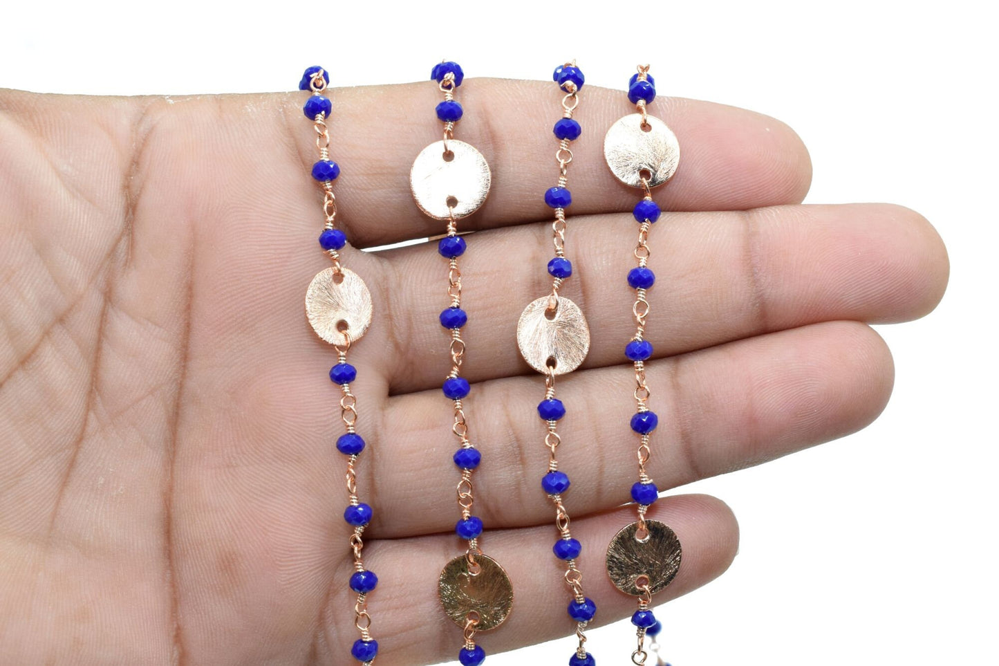 Blue Sapphire Beaded Chain 3mm-3.5mm Rosary Chain, Gold Plated Wire Wrapped Chain,charms chain,coin charms,sapphire charms,blue color chain