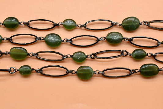 Green Jade Connector Link Chain, 8x16mm Finding Green Jade Chain, Green Jade Oval Connector Chain, Green Jade Bezel Chain, Green Jade Rosary