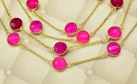 Natural Pink Chalcedony Rosary Bezel Connector Chain/Continuous Chain 10 MM connector Chain for jewelry, Gold Plated Rosary Style,gemstone