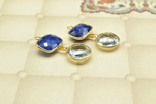 Crystal Dangle Component Earrings,Handmade Jewelry,Gemstone Connector,Multi Stone Jewelry,Station Bezel Link,Blue Sapphire pendant Connector