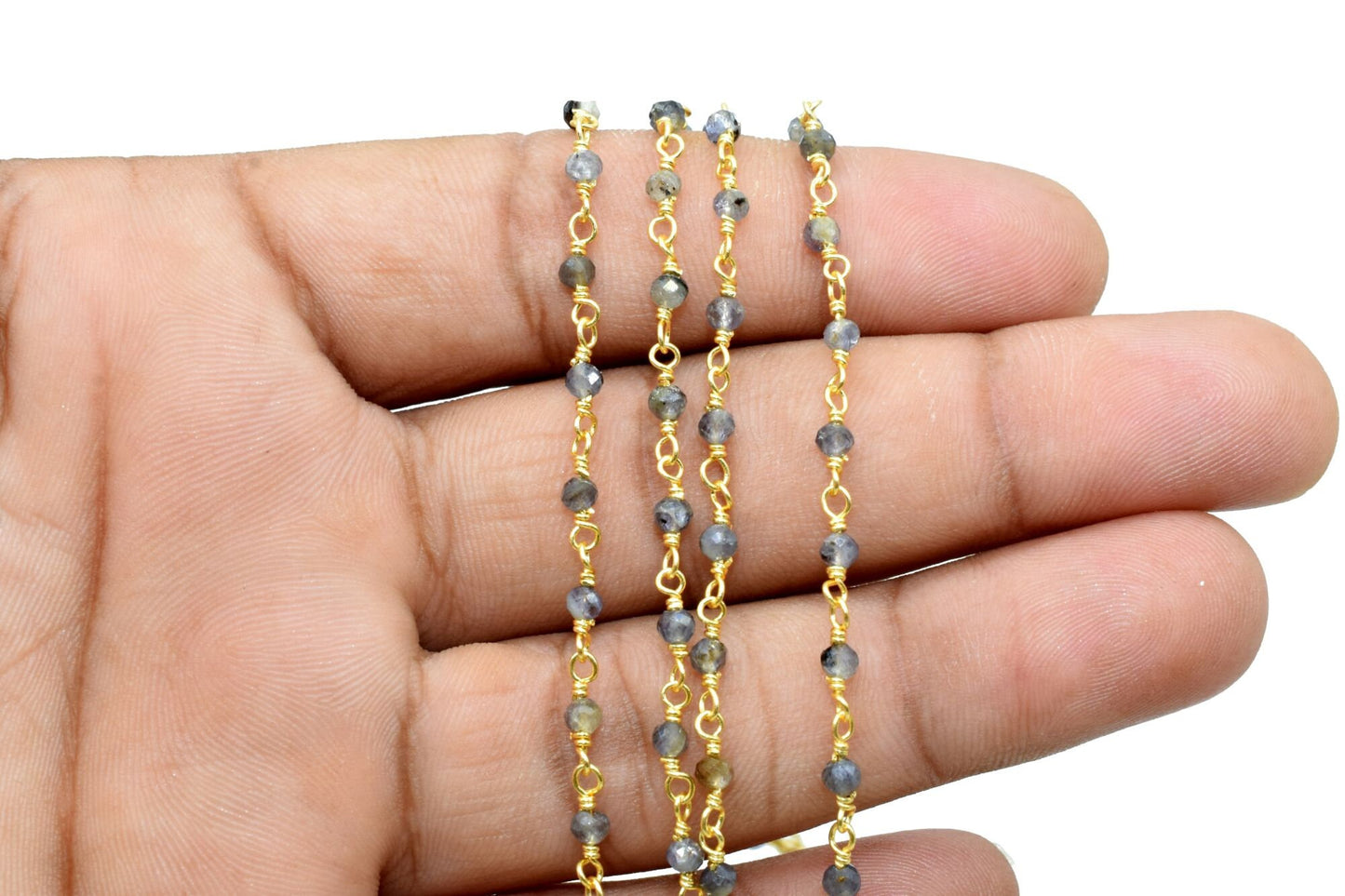 Iolite 3mm Beaded Chain,Gemstone Rosary Chain, 3mm,Faceted Beads, 24k Gold Plated Wire Wrapped Chain, Beaded Chain Jewelry,Blue Iolite Beads