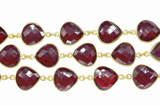 Garnet Gemstone 12mm Heart Shape Bezel Chain, Gemstone Connector Chain, Garnet Connector Link Chain, Garnet Loop Connector Chain For Jewelry