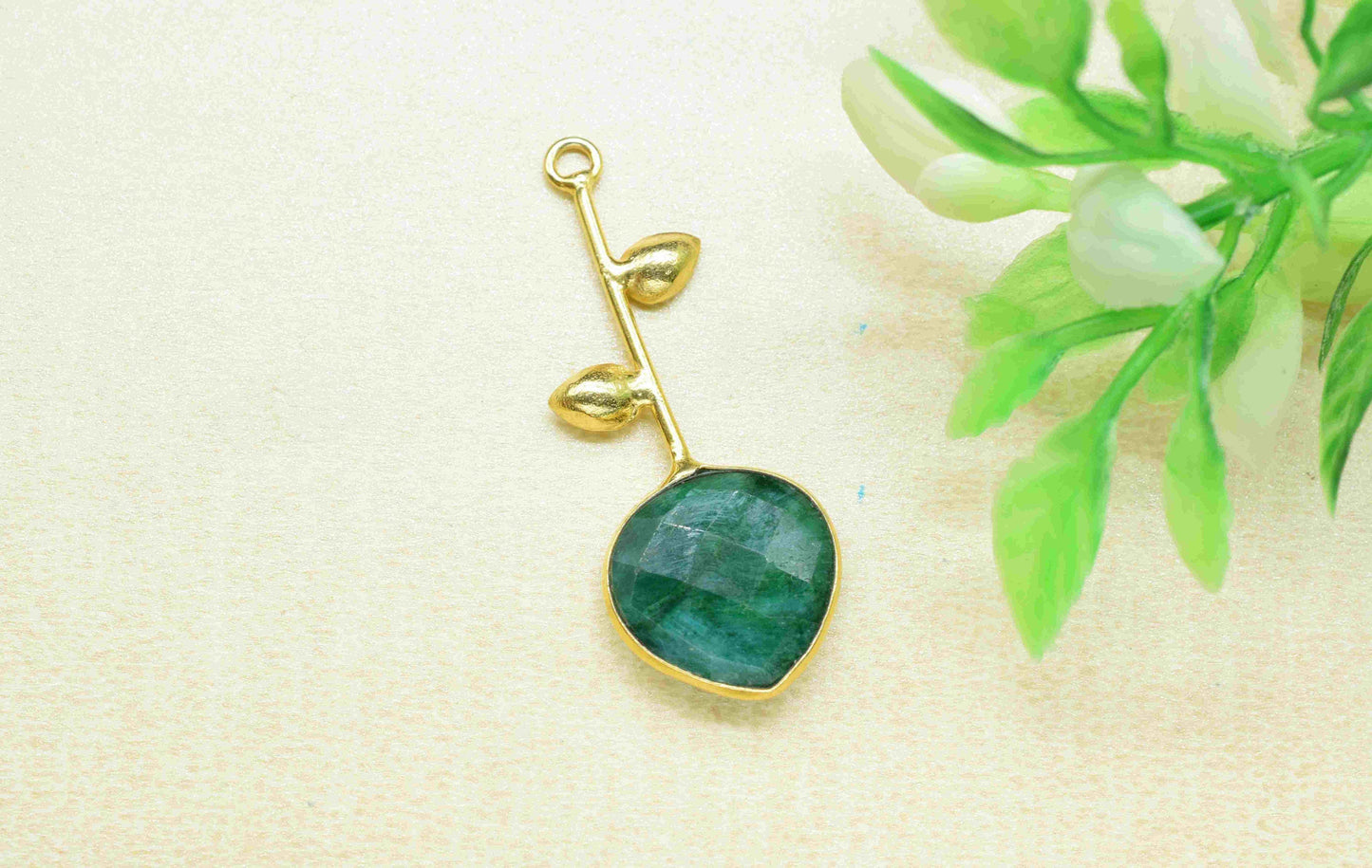 Emerald Single Bail Pendant , Emerald Charms , Heart Shape Charms , Genuine Gemstone Charms , Gemstone Connectors , Summer Collection ,