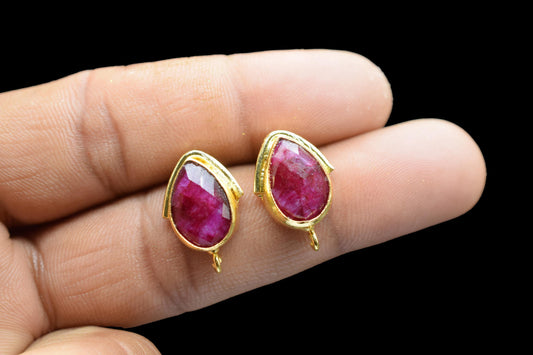 Ruby Studs Connector/Gold Plated Earring/Handmade Studs/Bezel Set Studs/Teardrop Earring/Women Jewelry/Connector Studs/B'day Gift