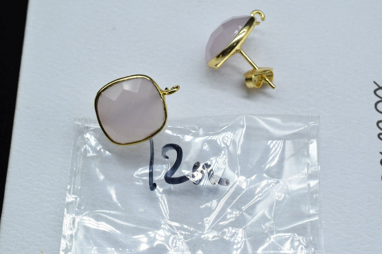 Rose Quartz 12mm cushion Earring Connector,Jewelry Making Supplies,Earring connectors post stud, Jewelry,Jewelry Finding,Gold Plated Earring