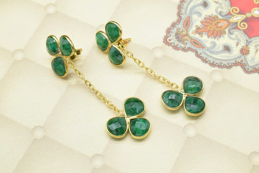 Emerald Dangle Studs Earring,Green Gemstone Studs,Handmade Dangle Earring,Post Stud Earring,may birthstone Jewellery,Bezel Studs Earring
