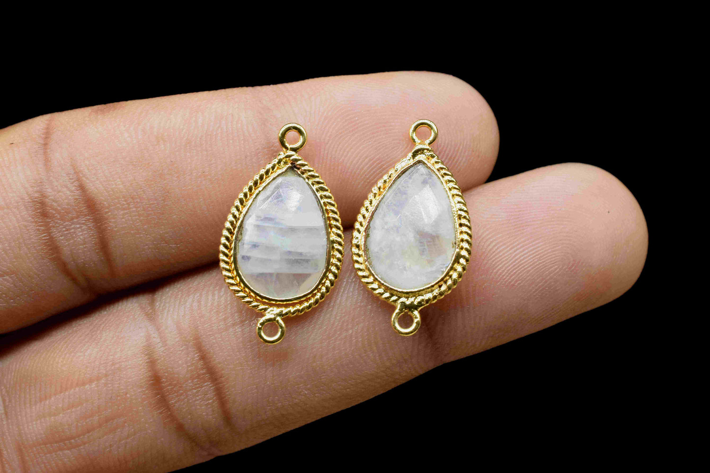 Rainbow Moonstone 9x13mm Pear Shape Double Bail Connector,Moonstone Teardrop Pendant,Moonstone Gold Plated Bezel,Jewelry Making Charms Gift