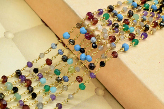 Rosary Beaded Chain Multi Disco Faceted Rondelle beaded chain,multi gemstone rosary,gold plated beaded chain,Wire Wrapped Beaded Chain,