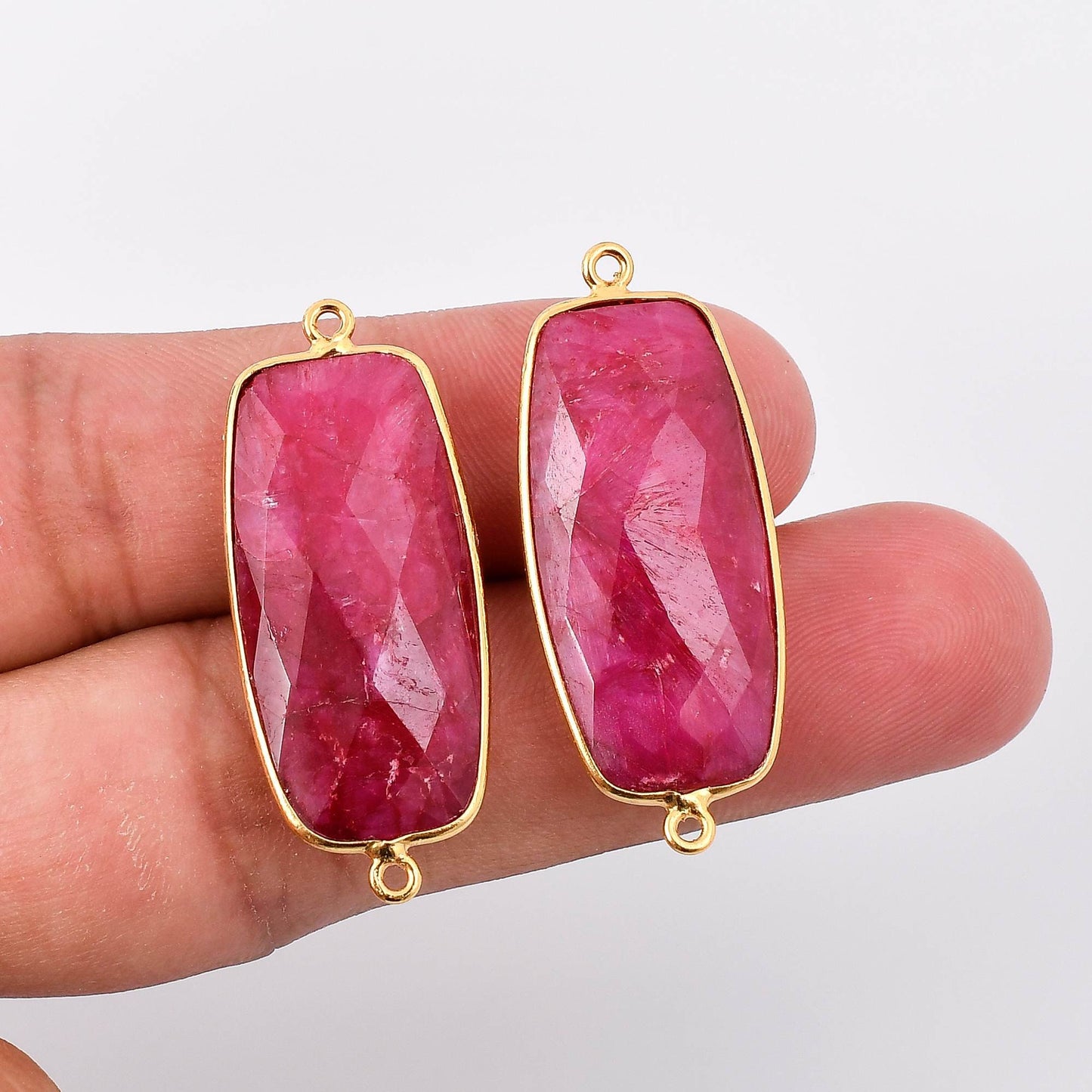 Genuine Ruby 14x28mm dual connector charm,Rectangle Shape Gold Plated bezel,Gold Vermeil Bezel, jewelry making charm,Gold-Filled bezel charm