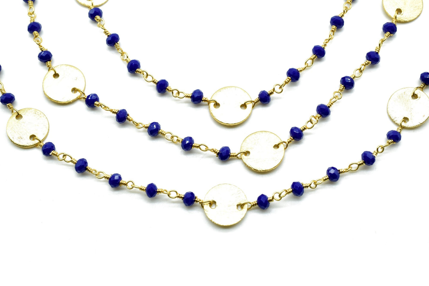 Blue Sapphire Beaded Chain 3mm-3.5mm Rosary Chain, Gold Plated Wire Wrapped Chain,charms chain,coin charms,sapphire charms,blue color chain