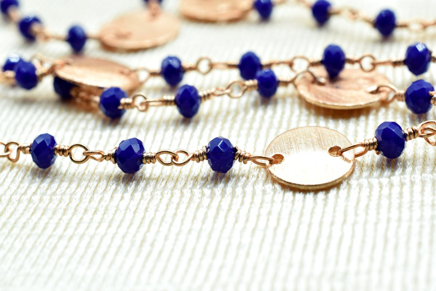 Blue Sapphire Beaded Chain 3mm-3.5mm Rosary Chain, Gold Plated Wire Wrapped Chain,charms chain,coin charms,sapphire charms,blue color chain