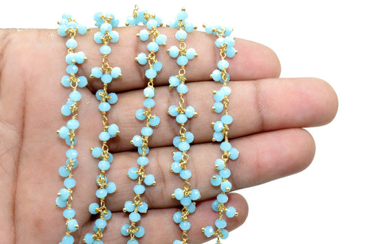 Aqua Chalcedony Cluster Rosary Chain,dangling Chain,Thick Chain, Gold Wire Wrapped Chalcedony Quartz Beaded chain,Flower Chain,Chain by foot