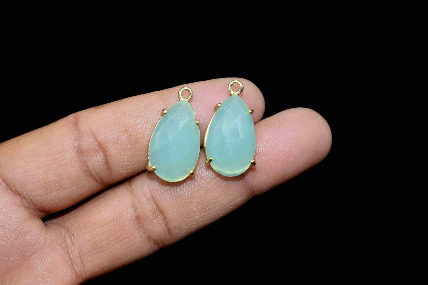 Aqua Chalcedony 12x20mm Teardrop Single bail connector,Green Mint jewelry making,Prong Set Bezel Pendant,Aqua Quartz Handmade Gemstone Bezel