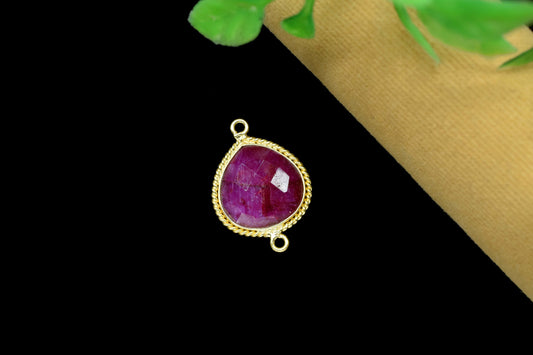 Ruby Faceted Gemstone 14mm heart shape Connectors,Ruby Gold Plating Double bail Pendant Jewelry making,Ruby Gemstone link Connector Jewelry