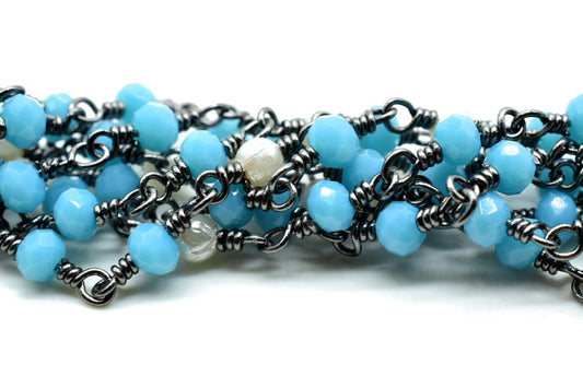 Turquoise Agate 3mm Beaded Chain,Turquoise Faceted Beads Wire Wrapped Chain,pearl chains,Jewelry Making Chain,Turquoise Beads rosary Chain