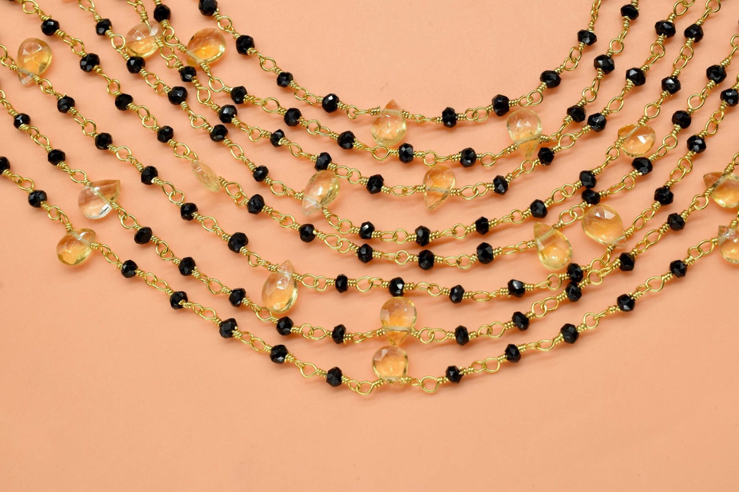 Black onyx Rosary Chain,Faceted Beaded Chain,Wire Wrapped gold Plated Chain,citrine briolette rosary,multi gemstone,handmade,jewelry making