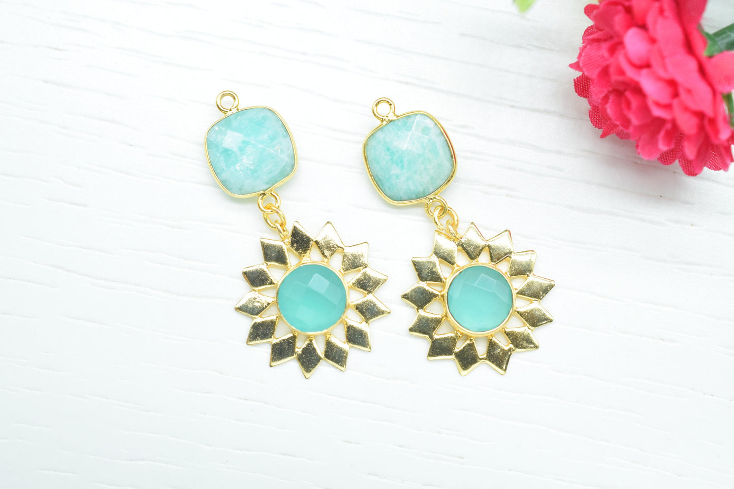 Amazonite Bezel Charms/Aqua chalcedony Pendant/Blue Topaz Jewelry/Earring Connector/Station Bezel Link Pendant/Handmade Jewelry/B'day Gift