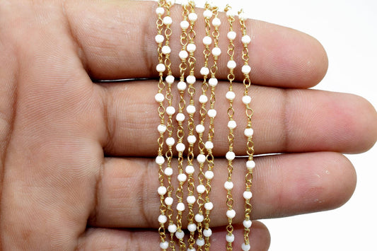 2mm White Chalcedony Rosary chain,Gold chain,Gemstone beaded chain,2mm beaded chain,Gold plated beaded chain,chalcedony rosary,beaded chain