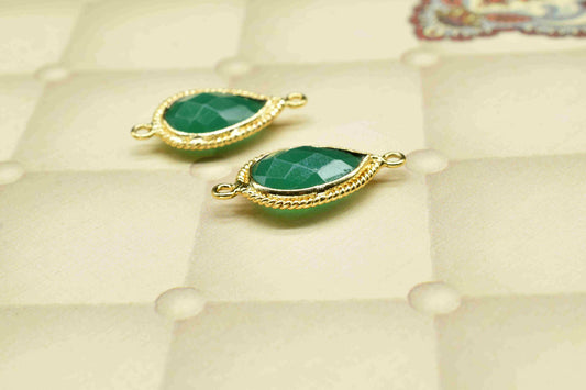 Green Onyx 9x13mm Teardrop Shape charm,Gold Plated bezel,double Bail connector,Onyx Jewelry,May Birthstone Coin Links,Handmade Bezel Charms