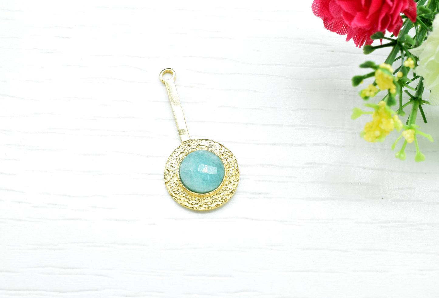 Amazonite Pendant , Amazonite Gemstone Handmade Pendant ,Single Bail Checker Cut Gemstone Connector, Gold Plated Connectors