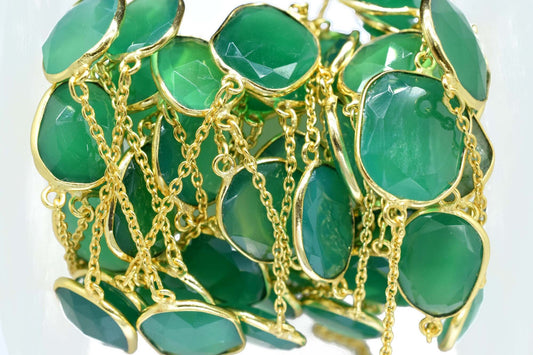 Green Onyx Faceted Connectors, Gold Bezel Chain,Free Size Gemstone Connector,Green Onyx Bezel Jewelry,Handmade Station Bezel Link Chain,Gift