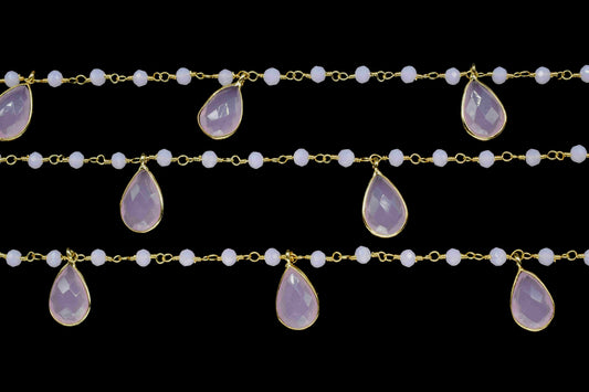 Rose Quartz 8x12mm Teardrop Shape Bezels Chain,Rose Quartz 3mm Round Shape Beads Rosary,Rose Quartz Faceted Beads Chain,Gemstone Jewelry
