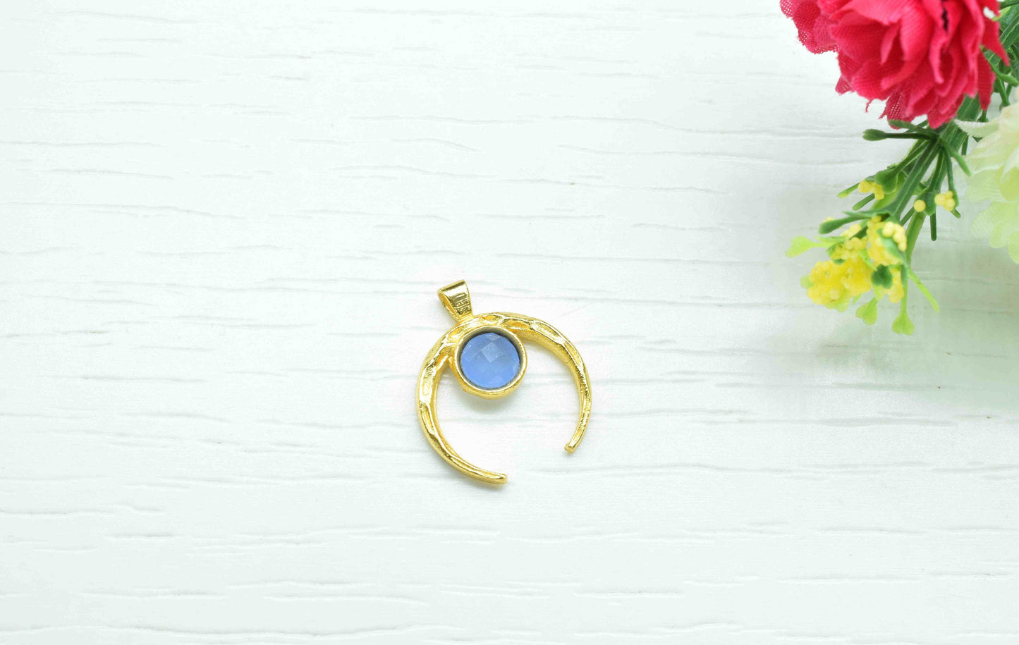 Blue Chalcedony Pendant , Single Bail Charm ,Blue Chalcedony Connector Pendant ,Gold Plated Connectors ,Single Bail Gemstone Connector Charm