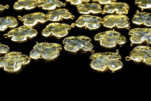 Gold Rutile Clover Shape Pendant Charms,Gold Rutile Electroplated Pendant jewelry,Gemstone Component Pendant,Handmade Earring Connector,Gift