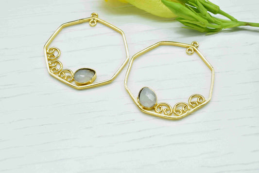 Moonstone 6x8mm Teardrop Shape Component,Gemstone Single Bail Connector,Finding 32mm Hexagon Shape Pendant,Gold Plated Earring,JewelryMaking