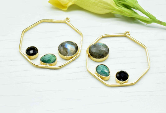 Multi Stone Pendant,Labradorite Gemstone Round Shape Pendant,Emerald Pendant,Finding Gold Plated Connector,Black Onyx Pendant Jewelry,Gift