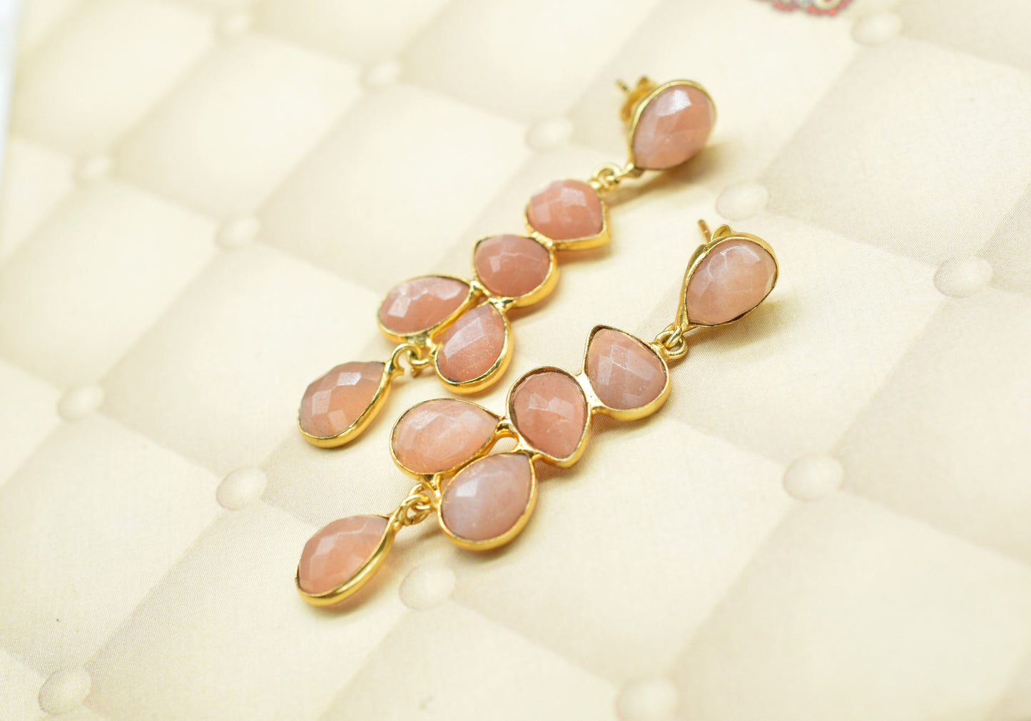 Peach Moonstone Earring/Dangle Earring/Bridal Earring/Gold Plated Earring/Teardrop Earring/Women Dangle Earrings-Designer Earrings/Gift