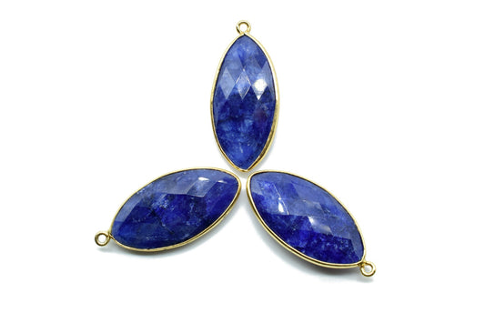 Blue Sapphire 15x30mm Marquise shape single bail connector,Sapphire Brass Gold Plated bezel,Sapphire Connectors,Sapphire gold Bezel Pendants