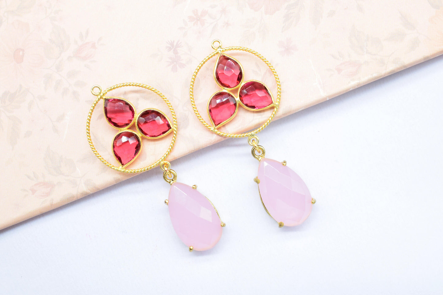 Pink tourmaline Bezel Charms Connector/Rose Quartz Prong Jewelry/Earring Connector/Station Bezel Link Pendant/Handmade Jewelry/B'day Gift