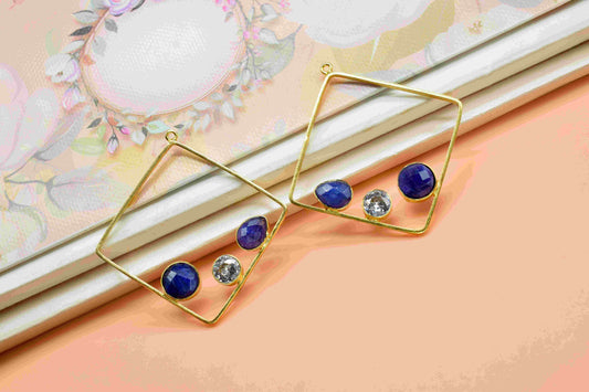 Blue Sapphire Gemstone Component,Gold Plating 32mm Square Shape Earring,Finding Necklace Jewelry,Gemstone Component,Pendant Jewelry,Gift Her