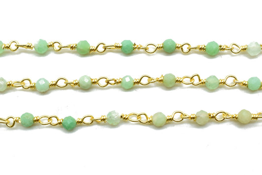 Chrysoprase 3mm Beaded Chain,Chrysoprase Rosary Chain,Wire Wrapped Gold Chain,Chrysoprase Gold Wire Wrapped Rosary Chain,Rosary Beaded Chain