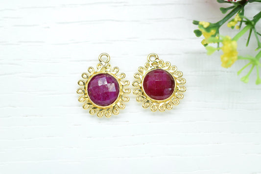 Natural Ruby 10mm Round Bezel Charm,Gemstone Brass Component,Single Bail Pendant,Round Faceted charms,Handmade Jewellery Connector,Gift