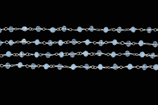 Blue chalcedony 3mm Beaded Chain,Faceted Rosary Style Beaded Chain,Wire Wrapped Rosary Chain,Blue Quartz stone links,Handmade Jewelry Making