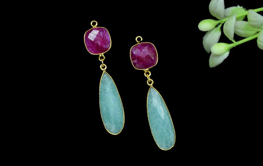 Multi Gemstone Dangle pendant Charms,Amazonite pendant Connector,Ruby Dangle Earring,Handmade pendant,Station Bezel Link,Component jewelry