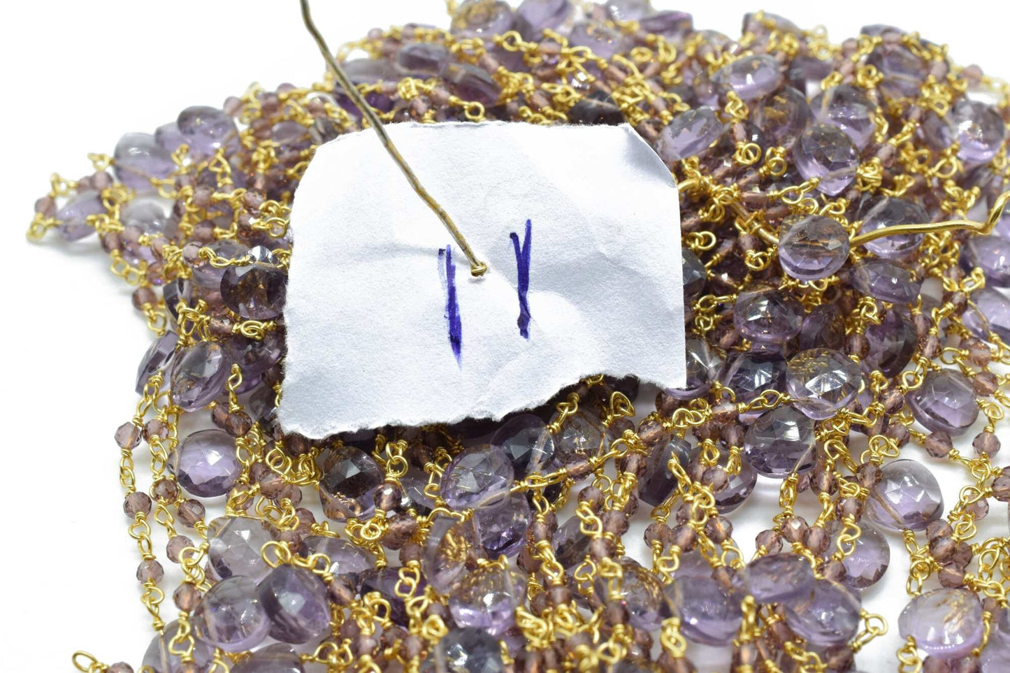 Amethyst 2mm Beaded Chain,Amethyst Heart Shape Rosary Chain,Amethyst wire wrapped rosary chain,Gold Plated Brass Chain, Chain by The Foot