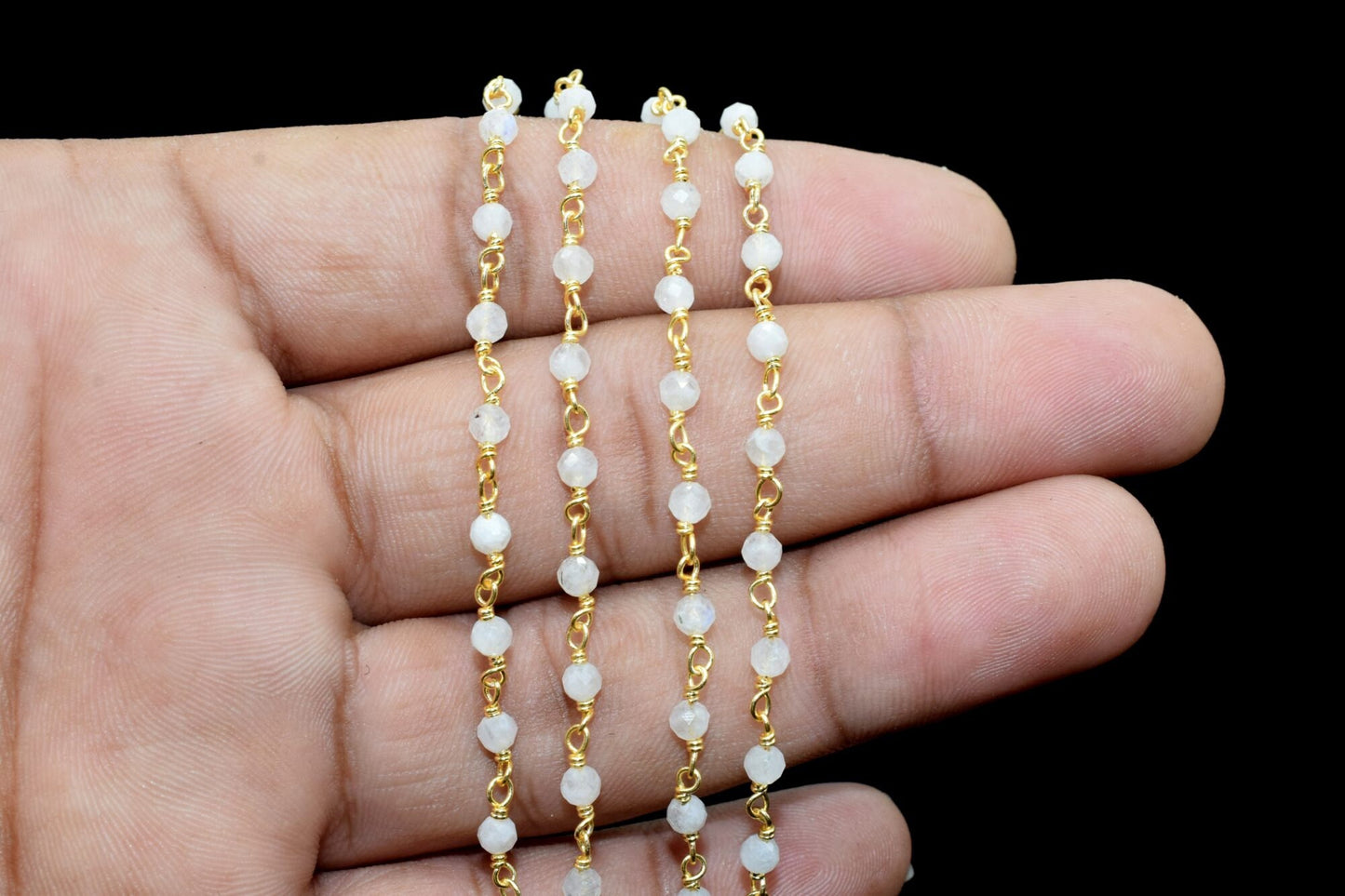 Moonstone 3mm Beaded Chain,Rainbow Moonstone Wire Wrapped Beaded Chain -Gold Rosary Style Chain -BuY in BULK,Rosary Chain,Brass Gold Plating