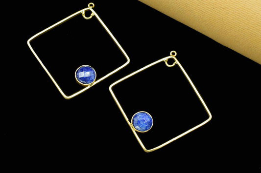 Blue Sapphire Gemstone Component,Gold Plating 32mm Square Shape Earring,Finding Necklace Jewelry,Gemstone Component,Pendant Jewelry,Gift Her