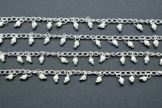 Natural Pearl Beads Rosary Chain,Silver Plated,Wire Wrapped Chain,Round Smooth Beads,Gemstones Beaded Cluster Rosary,Pearl Chain Connector