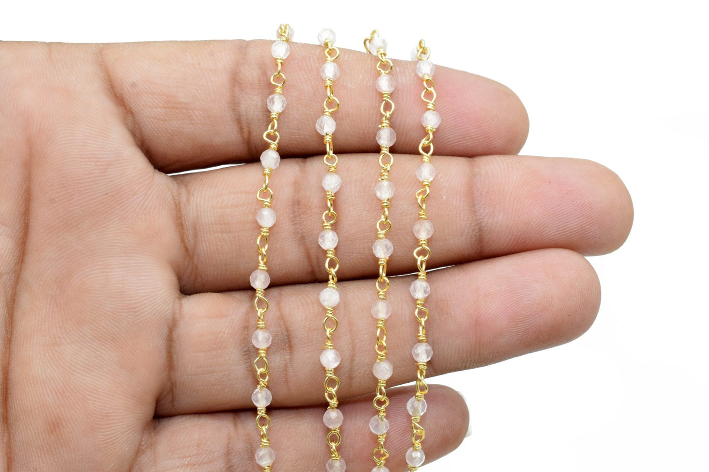 Rose Quartz 3mm Beaded Chain,light Pink Rosary Chain, Wire Wrapped Gold Chain,Rose quartz Gold Wire Wrapped Rosary Chain,Rosary Beaded Chain