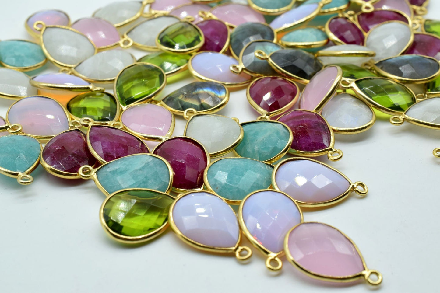 Pink Chalcedony 12x16mm Bezel charm,Pink Chalcedony Teardrop pendant,Pink Chalcedony Faceted Bezel Link , Bezel Pack of five Piece Connector