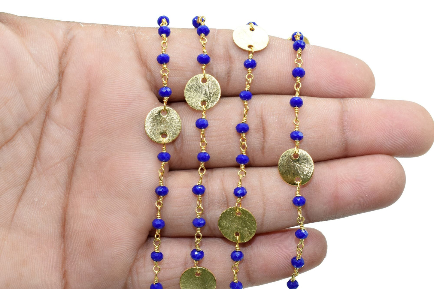 Blue Sapphire Beaded Chain 3mm-3.5mm Rosary Chain, Gold Plated Wire Wrapped Chain,charms chain,coin charms,sapphire charms,blue color chain